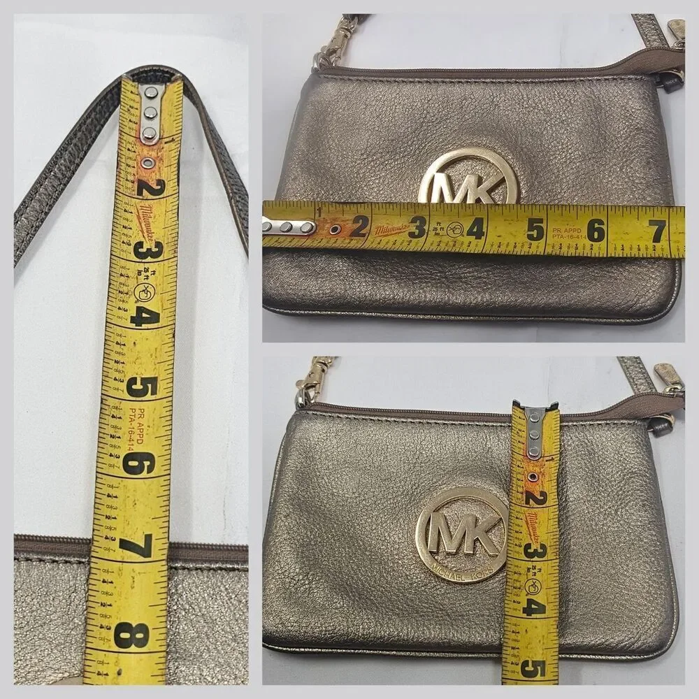 Michael Kors Fulton Gold Metallic Pebbled Leather Wristlet Shoulder Bag 7